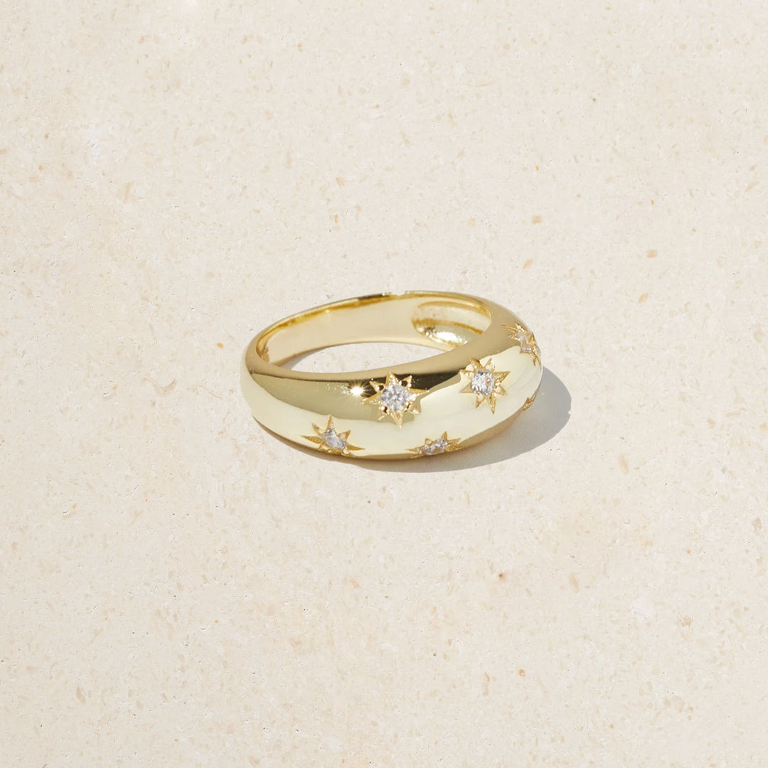 14K Diamond Starburst Thick Dome Ring