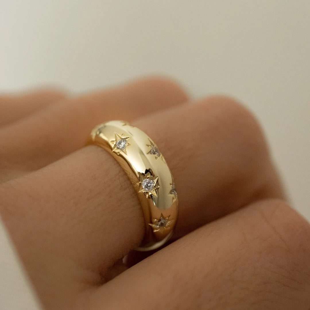 14K Diamond Starburst Thick Dome Ring