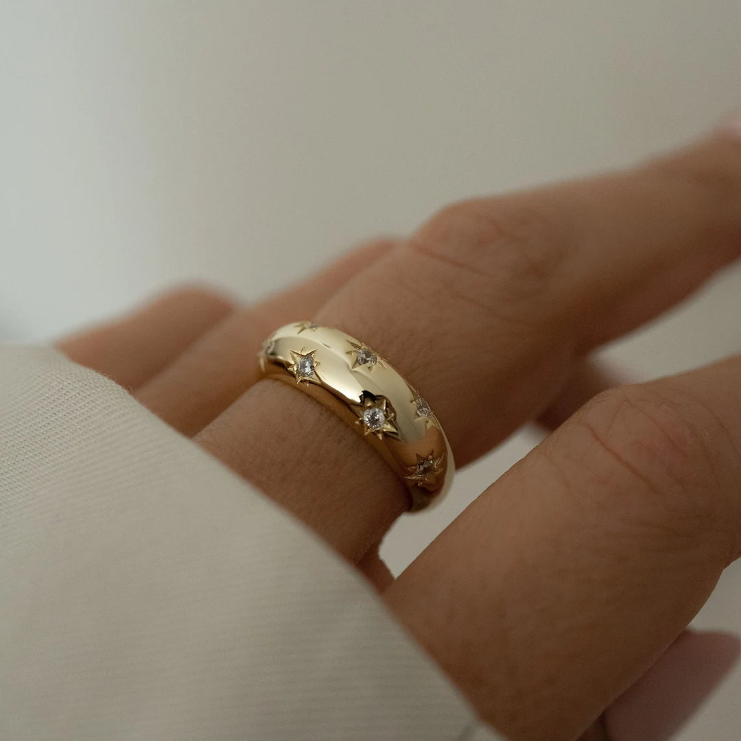 14K Diamond Starburst Thick Dome Ring, 9K Solid Gold Star Setting Diamond Ring Dome Women's Wedding Ring with Diamonds