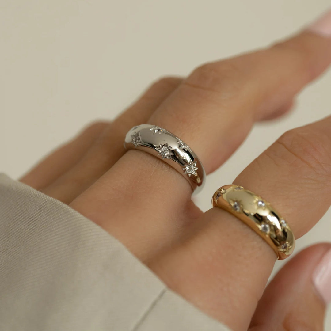 14K Diamond Starburst Thick Dome Ring, 9K Solid Gold Star Setting Diamond Ring Dome Women's Wedding Ring with Diamonds