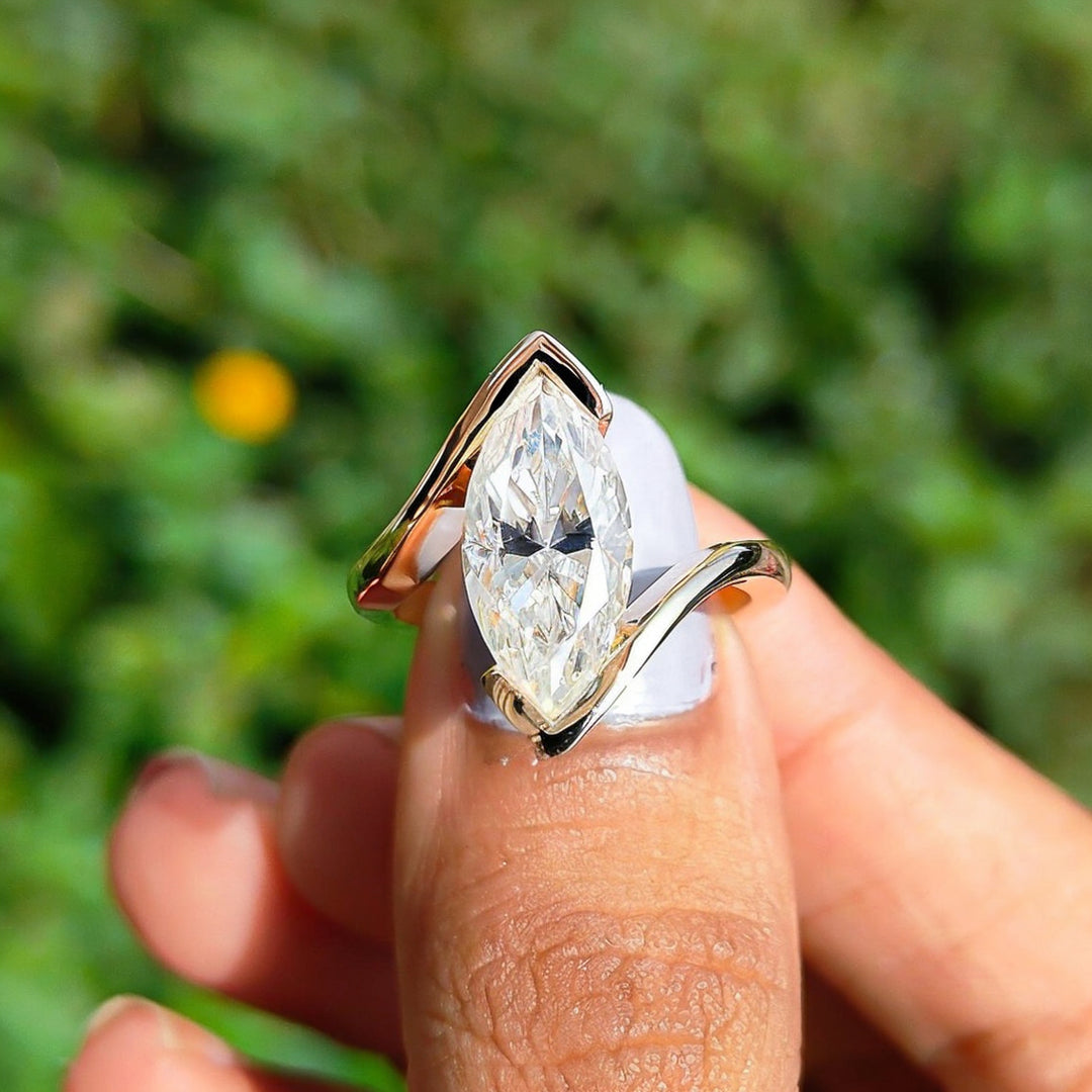 Half Bezel Set 3 CT Marquise Cut Moissanite Engagement Ring 14K Gold Open Bypass Ring Unique Wedding Ring Modern Marquise Solitaire Ring