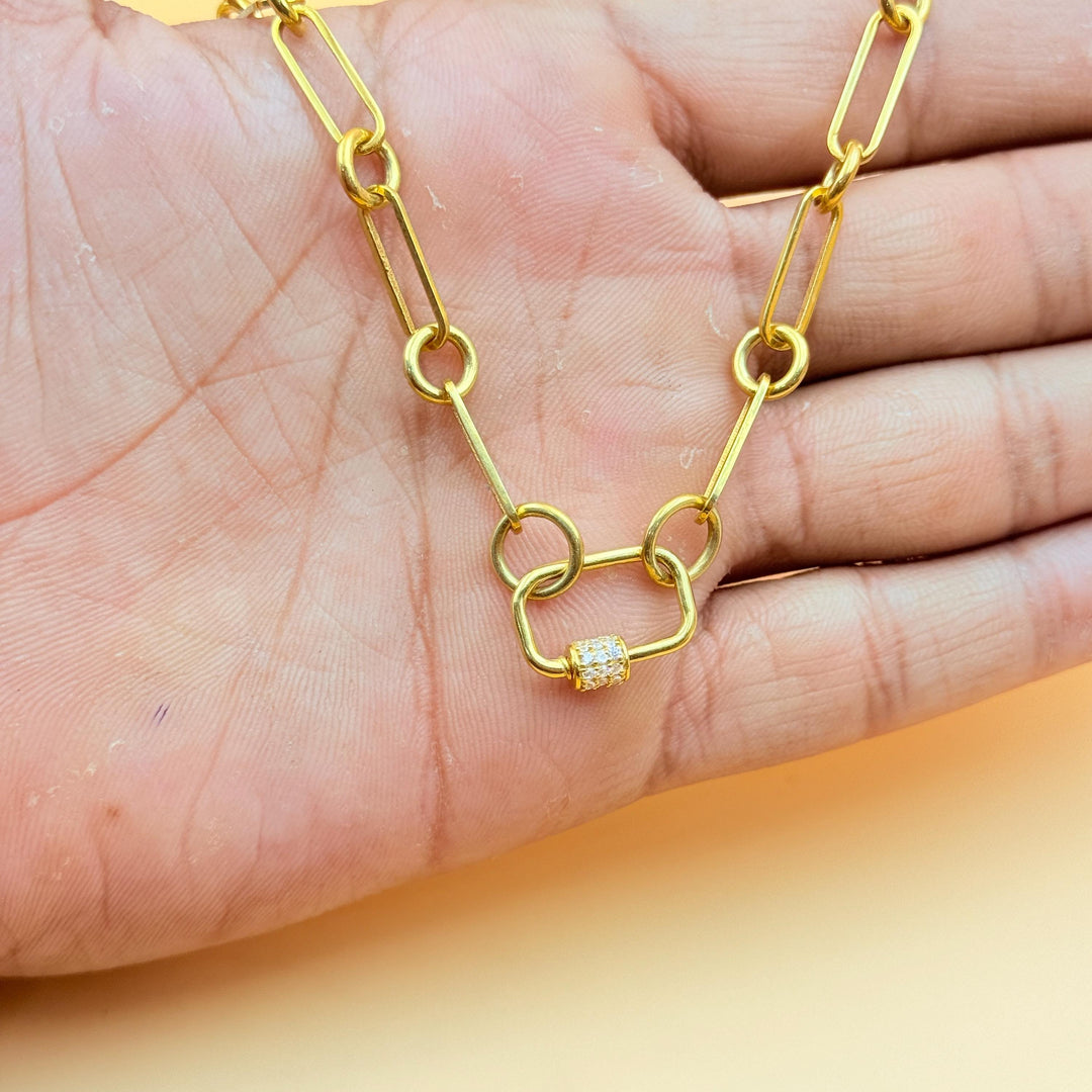 14K Gold Carabiner Box Chain Necklace, Initial Jewelry with Paperclip Chain, Lock Charm Necklace, Connector Chain Jewelry Anniversary Gift