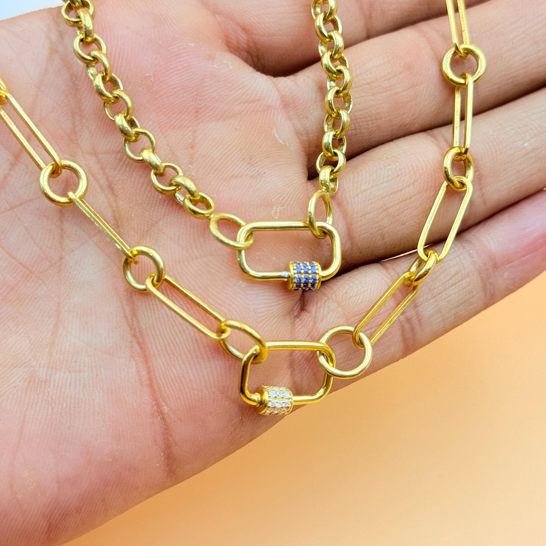 14K Gold Carabiner Box Chain Necklace, Initial Jewelry with Paperclip Chain, Lock Charm Necklace, Connector Chain Jewelry Anniversary Gift