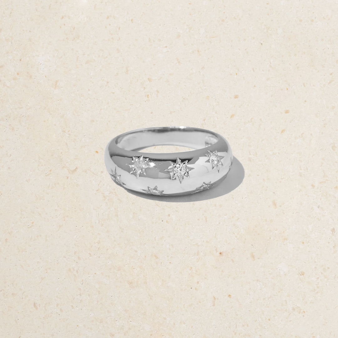 14K Diamond Starburst Thick Dome Ring, 9K Solid Gold Star Setting Diamond Ring Dome Women's Wedding Ring with Diamonds
