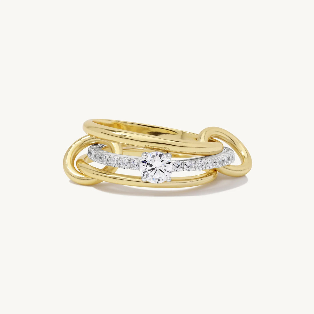 925 Sterling Silver & 14K Yellow Gold Connector Ring  Diamond Eternity Band | Two Tone Mixed Metal Link Ring | Interlocking Ring Stack | Statement Jewelry Gift
