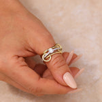 Load image into Gallery viewer, 925 Sterling Silver &amp; 14K Yellow Gold Connector Ring  Diamond Eternity Band | Two Tone Mixed Metal Link Ring | Interlocking Ring Stack | Statement Jewelry Gift
