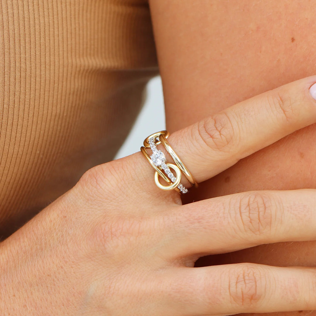 925 Sterling Silver & 14K Yellow Gold Connector Ring  Diamond Eternity Band | Two Tone Mixed Metal Link Ring | Interlocking Ring Stack | Statement Jewelry Gift