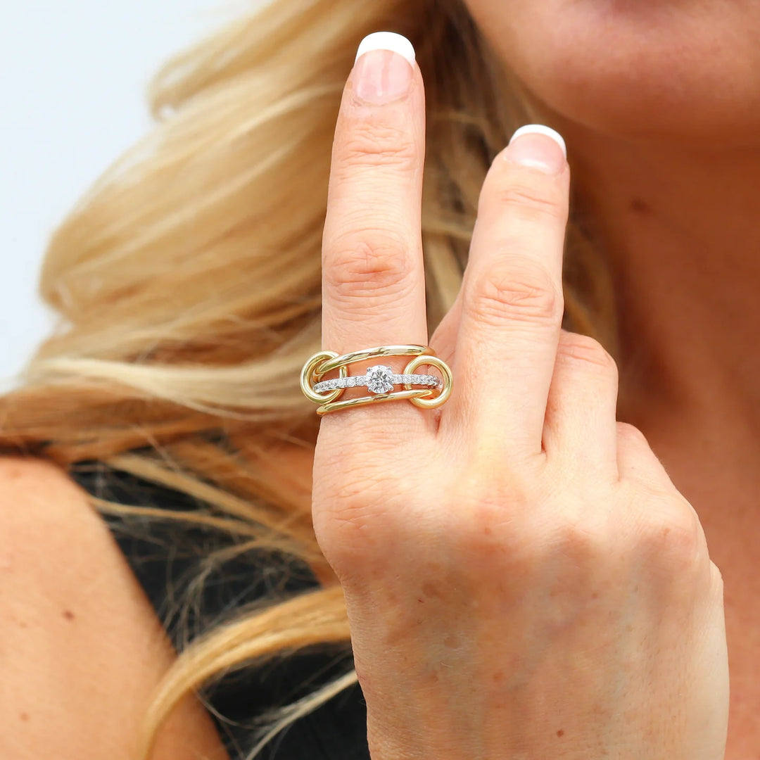 925 Sterling Silver & 14K Yellow Gold Connector Ring  Diamond Eternity Band | Two Tone Mixed Metal Link Ring | Interlocking Ring Stack | Statement Jewelry Gift