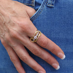 Load image into Gallery viewer, 925 Sterling Silver &amp; 14K Yellow Gold Connector Ring  Diamond Eternity Band | Two Tone Mixed Metal Link Ring | Interlocking Ring Stack | Statement Jewelry Gift
