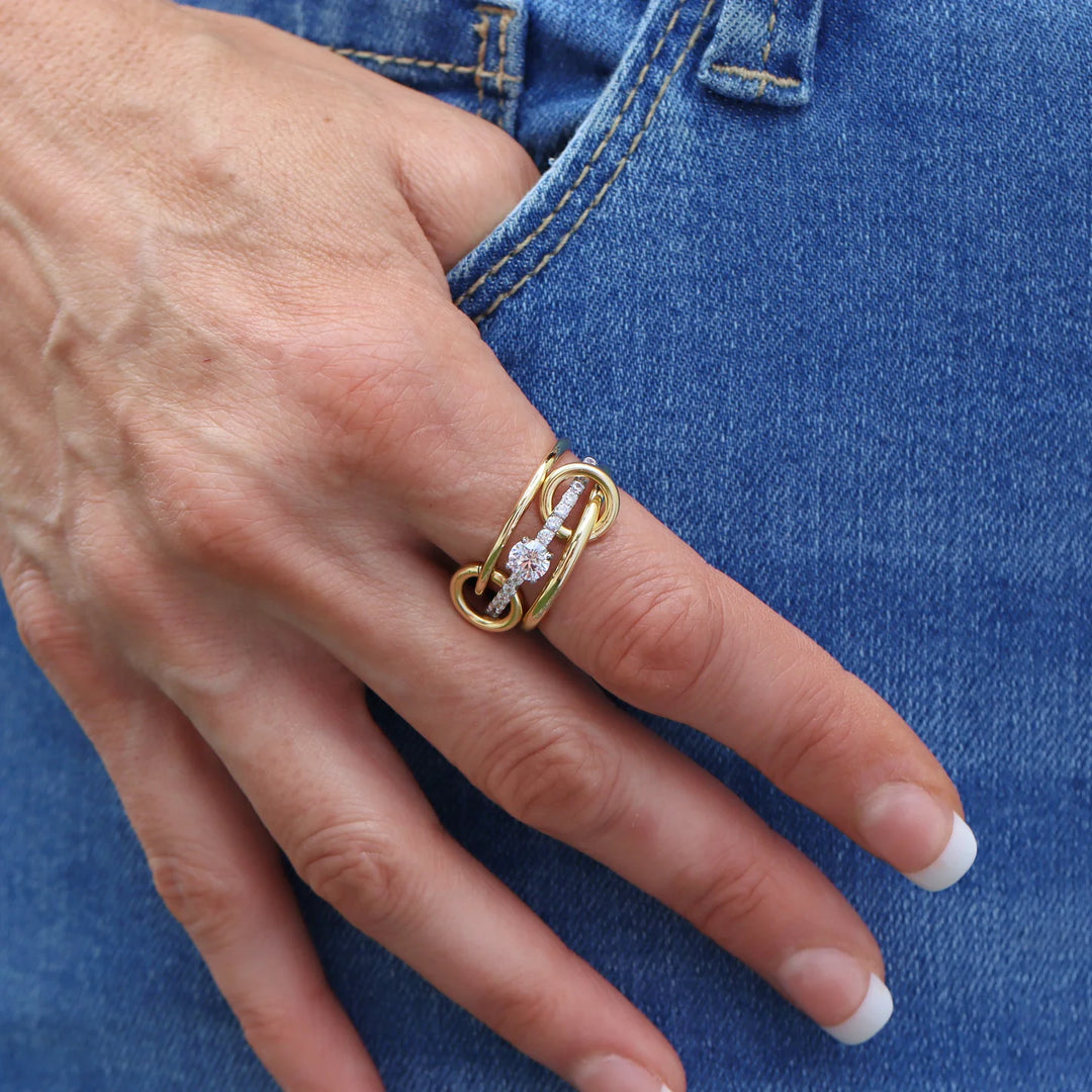 925 Sterling Silver & 14K Yellow Gold Connector Ring  Diamond Eternity Band | Two Tone Mixed Metal Link Ring | Interlocking Ring Stack | Statement Jewelry Gift