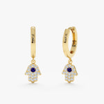 Load image into Gallery viewer, 14k Dangly Diamond Hamsa Huggies, Solid Gold Sapphire Earrings, Charm Huggie, Protection Jewelry, Hannukah Gift, Good Luck Earrings, Hannah
