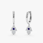 Load image into Gallery viewer, 14k Dangly Diamond Hamsa Huggies, Solid Gold Sapphire Earrings, Charm Huggie, Protection Jewelry, Hannukah Gift, Good Luck Earrings, Hannah
