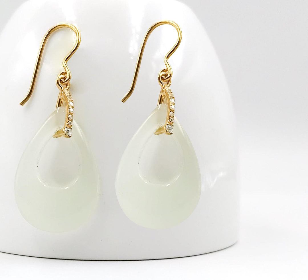 14K Gold Hand Carved Pendant, Natural White Onyx Pear Shape Gem Charm Pendant, Teardrop Calibrated, Onyx Gemstone With Hoop earrings