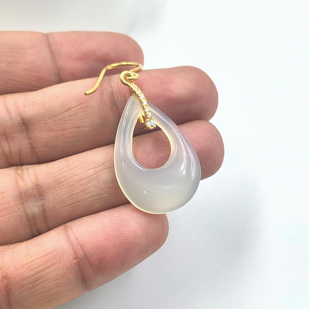 14K Gold Hand Carved Pendant, Natural White Onyx Pear Shape Gem Charm Pendant, Teardrop Calibrated, Onyx Gemstone With Hoop earrings