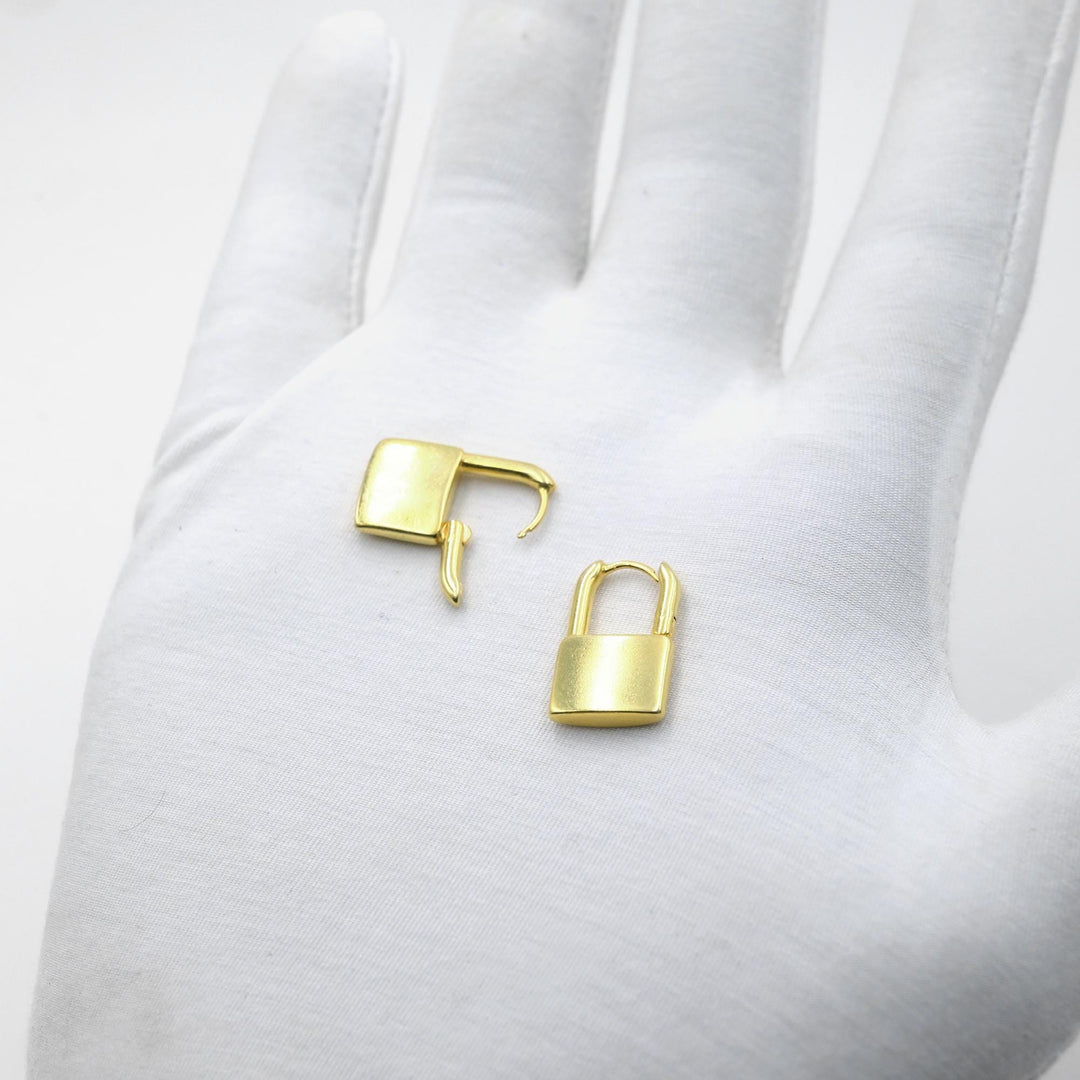 14K Solid Gold Padlock Charm Huggie Hoop Earring Love Lock earring, Dainty gold vermeil huggie hoop, minimalist stacking hoop, padlock charm