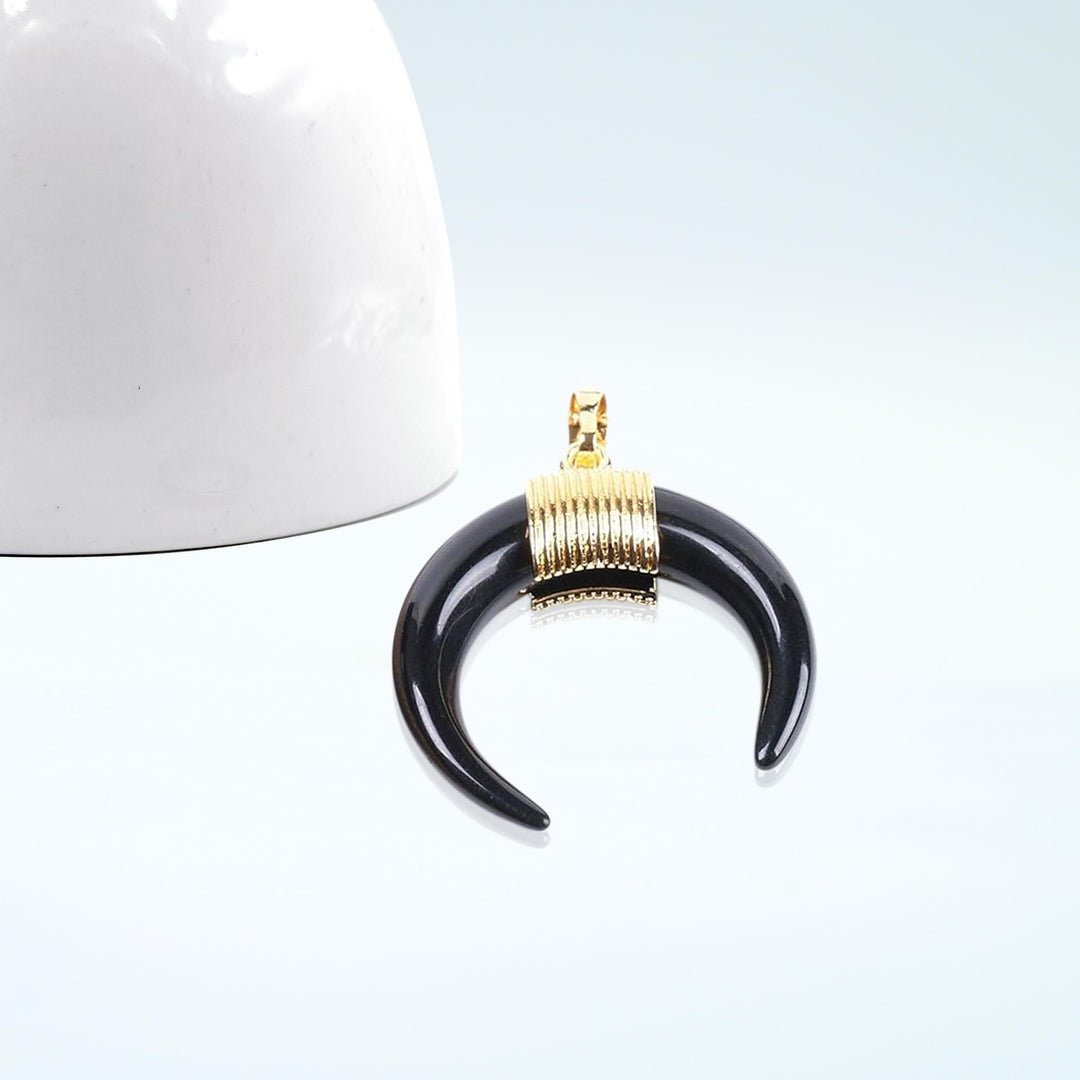 14K Gold Gemstone Double Horn Pendant, Obsidian Crescent Moon Charms Black onyx Pendant Gold Wire Horn Boho Tribal Pendant