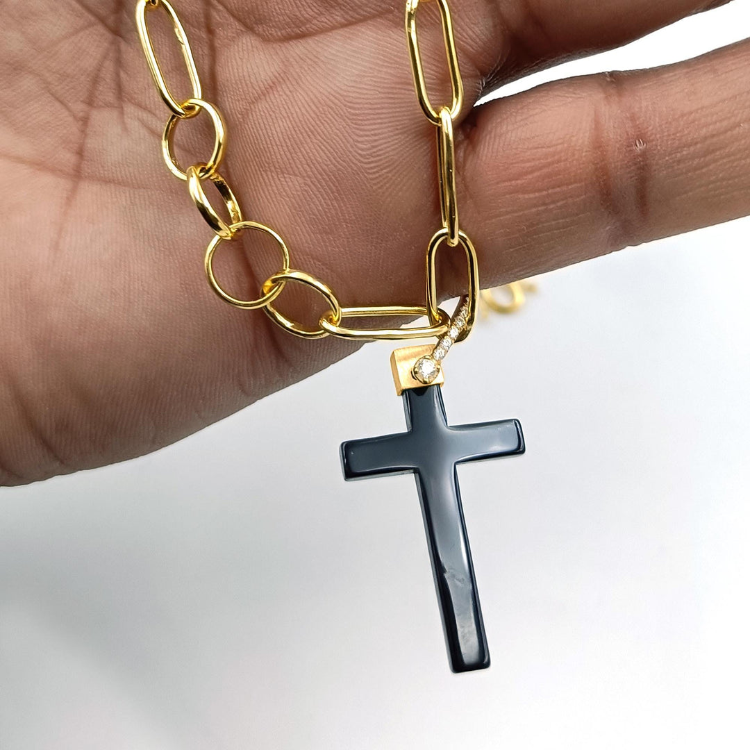 14k Solid Gold Plated crucifix cross pendant gold plated necklace Unisex Antique Victorian Black Cross Pendant With 18 Inches handmade Chain