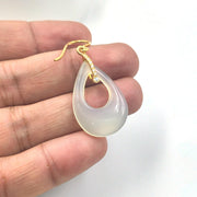14K Gold Hand Carved Pendant, Natural White Onyx Pear Shape Gem Charm Pendant, Teardrop Calibrated, Onyx Gemstone With Hoop earrings