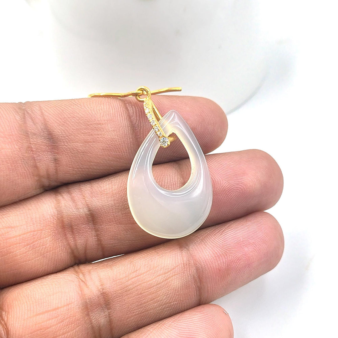 14K Gold Hand Carved Pendant, Natural White Onyx Pear Shape Gem Charm Pendant, Teardrop Calibrated, Onyx Gemstone With Hoop earrings