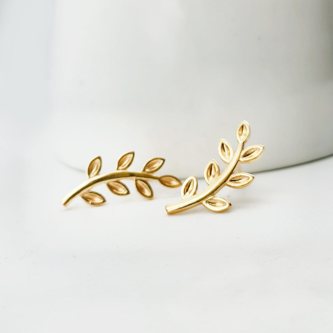 14K Solid Gold Leaf Branch Stud Earring Tiny leaf Stud earring Leaf Curved Flat Back Earring Earring Leaf Earring Dainty Leaf Stud Earring