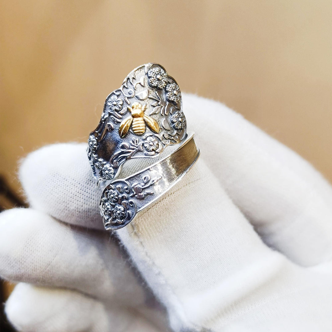 Flower Bee Spoon Ring  Queen Bee  Bug Thumb Ring  Victorian Spoon Jewelry