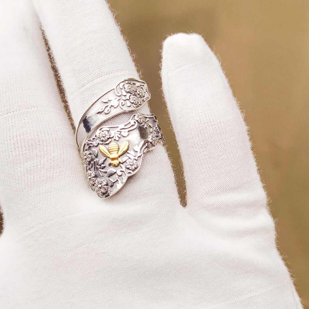 Flower Bee Spoon Ring  Queen Bee  Bug Thumb Ring  Victorian Spoon Jewelry