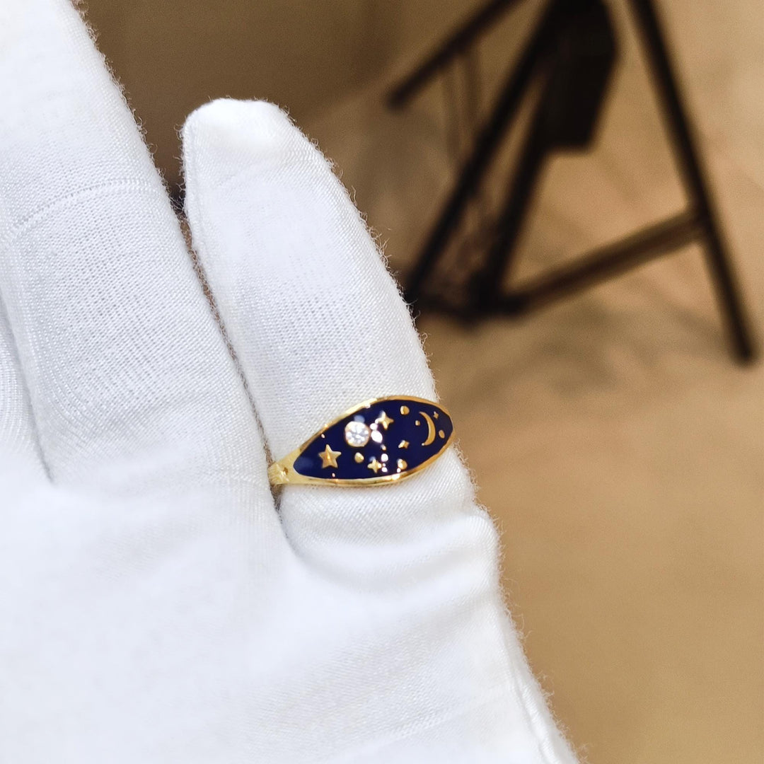 Sky Ring, Gold Celestial Enamel Ring, Moon Star Planet Night Space Jewelry, Bestie Gift for Her