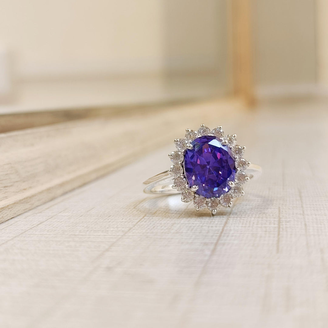 Oval Gemstone Wedding Ring Blue Sapphire Gemstone Bridal Ring Round Moissanite Proposal Ring Halo Moissanite Engagement Ring Gift For Her