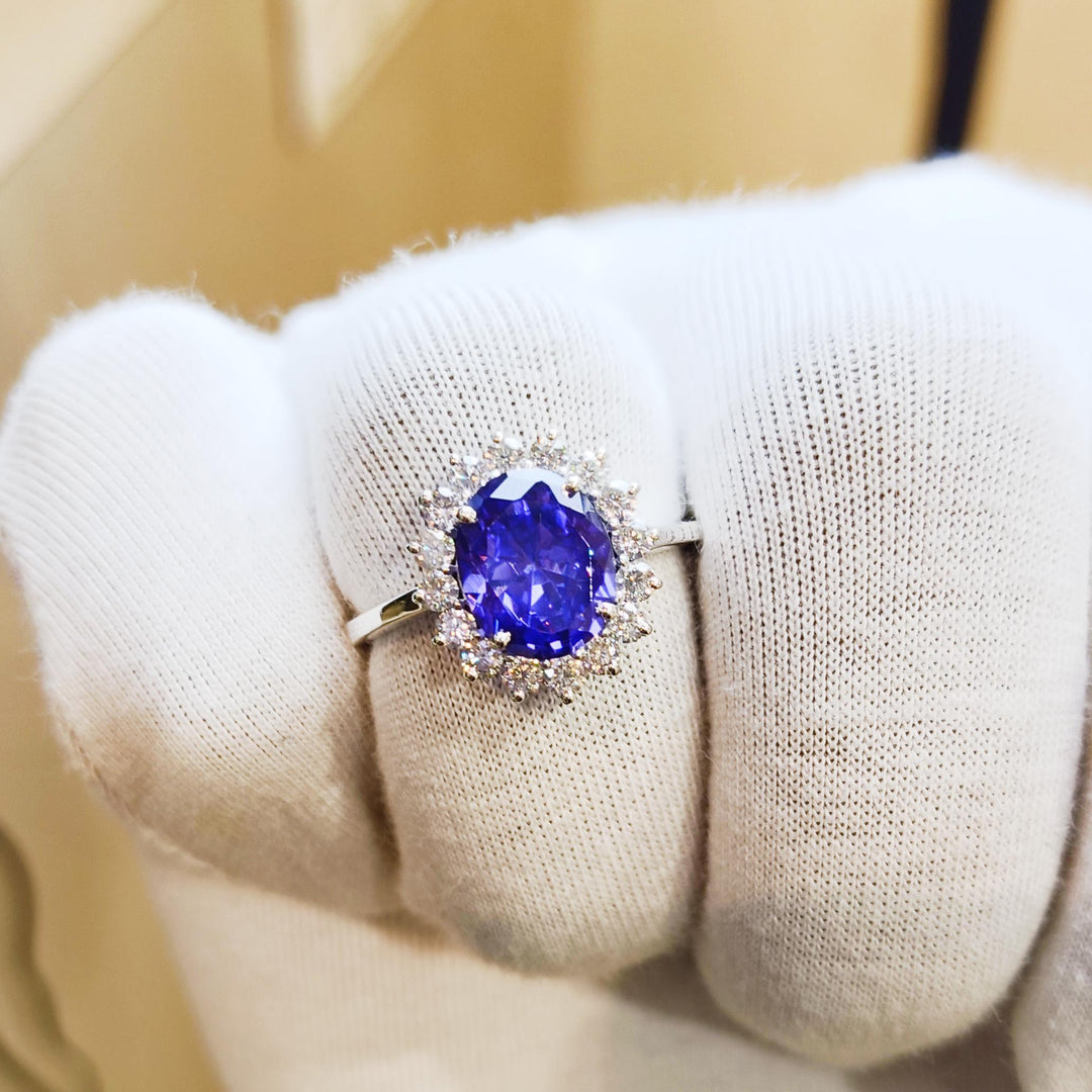 Oval Gemstone Wedding Ring Blue Sapphire Gemstone Bridal Ring Round Moissanite Proposal Ring Halo Moissanite Engagement Ring Gift For Her