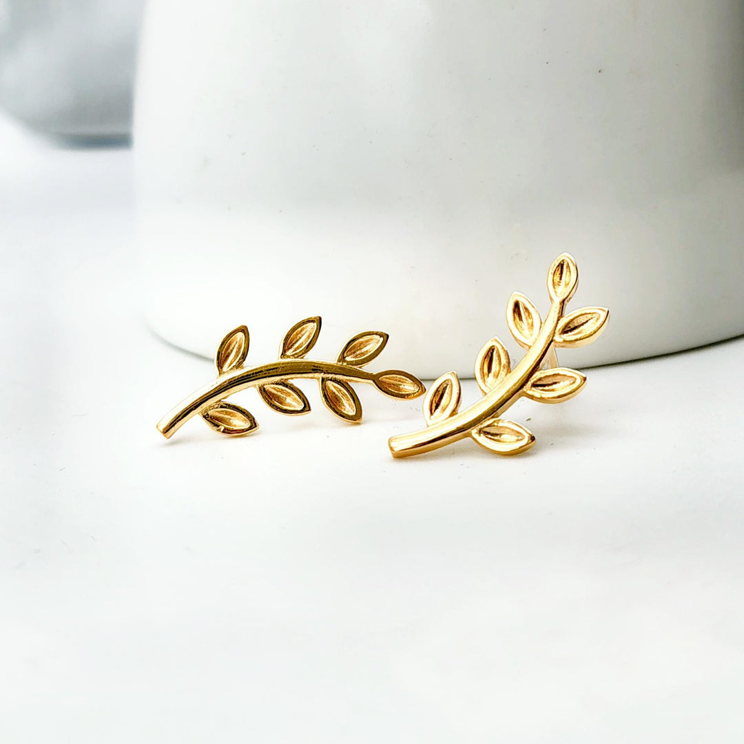 14K Solid Gold Leaf Branch Stud Earring Tiny leaf Stud earring Leaf Curved Flat Back Earring Earring Leaf Earring Dainty Leaf Stud Earring