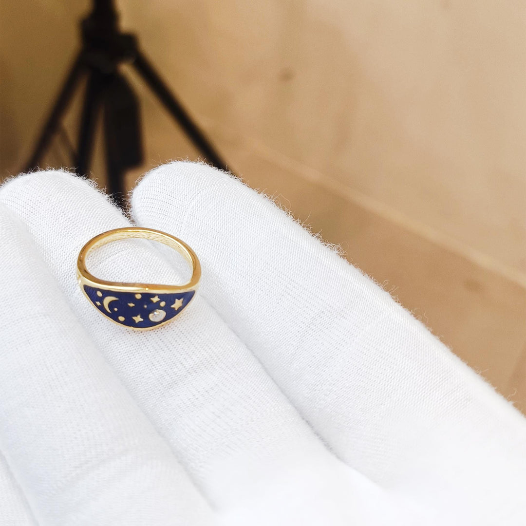 Sky Ring, Gold Celestial Enamel Ring, Moon Star Planet Night Space Jewelry, Bestie Gift for Her