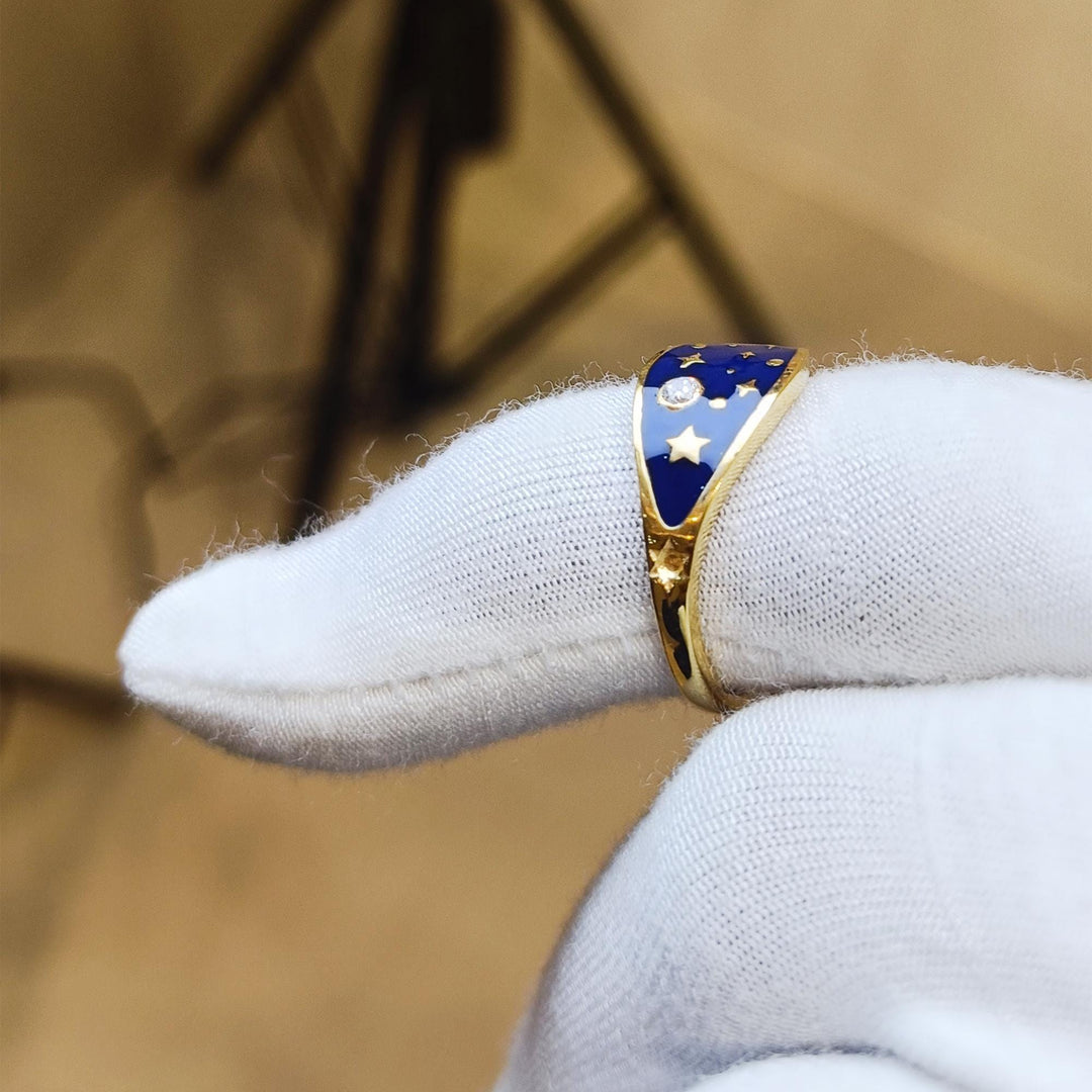 Sky Ring, Gold Celestial Enamel Ring, Moon Star Planet Night Space Jewelry, Bestie Gift for Her