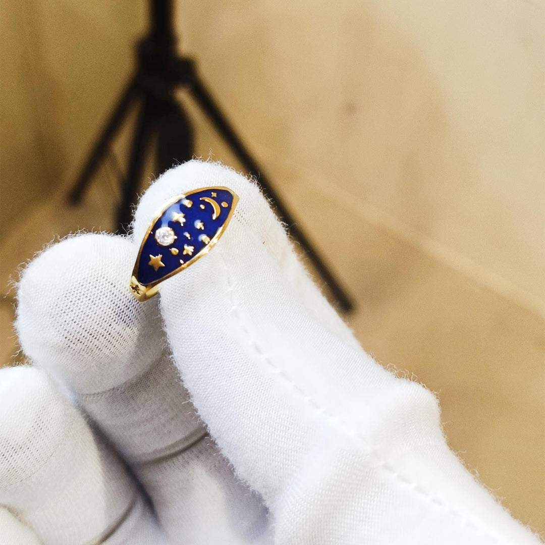 Sky Ring, Gold Celestial Enamel Ring, Moon Star Planet Night Space Jewelry, Bestie Gift for Her