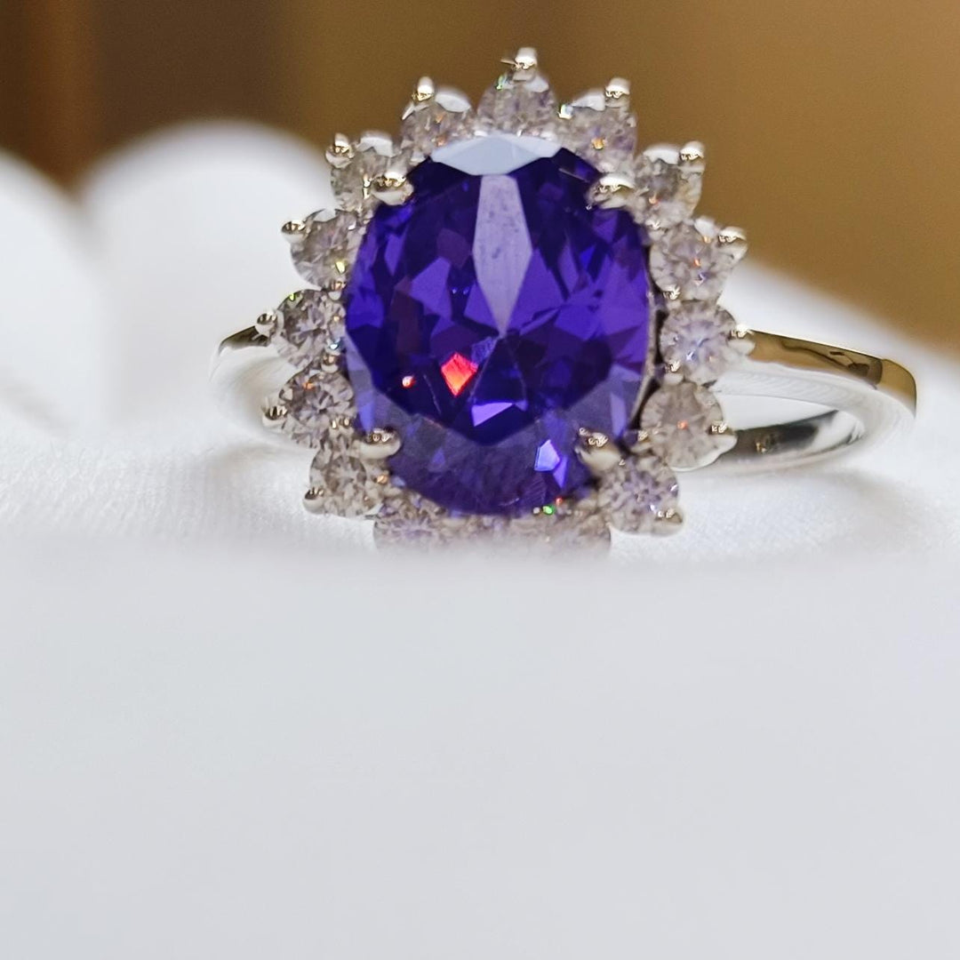 Oval Gemstone Wedding Ring Blue Sapphire Gemstone Bridal Ring Round Moissanite Proposal Ring Halo Moissanite Engagement Ring Gift For Her