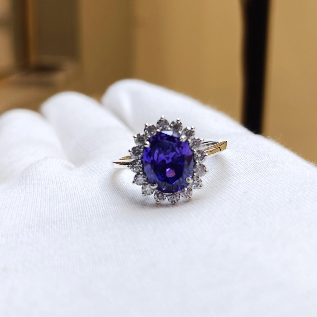 Oval Gemstone Wedding Ring Blue Sapphire Gemstone Bridal Ring Round Moissanite Proposal Ring Halo Moissanite Engagement Ring Gift For Her