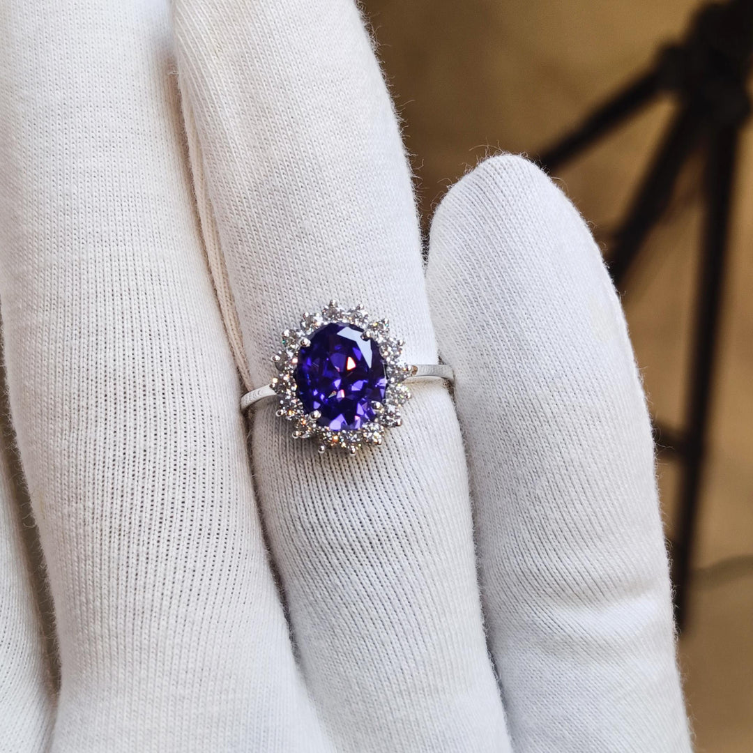Oval Gemstone Wedding Ring Blue Sapphire Gemstone Bridal Ring Round Moissanite Proposal Ring Halo Moissanite Engagement Ring Gift For Her