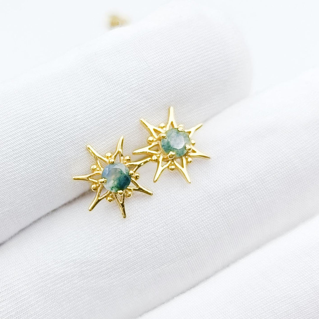 14K Solid Gold Genuine Green Moss Agate Earrings, Moss Agate Earrings for Women, Moss Agate Stud Earring, Moss Agate Push Back Earring