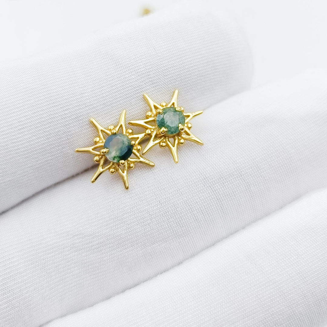 14K Solid Gold Genuine Green Moss Agate Earrings, Moss Agate Earrings for Women, Moss Agate Stud Earring, Moss Agate Push Back Earring