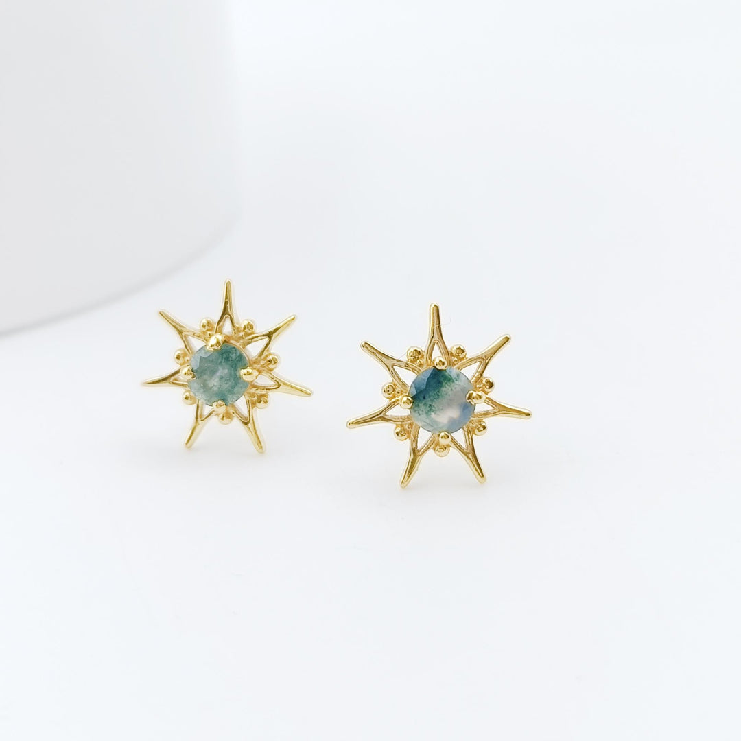 14K Solid Gold Genuine Green Moss Agate Earrings, Moss Agate Earrings for Women, Moss Agate Stud Earring, Moss Agate Push Back Earring