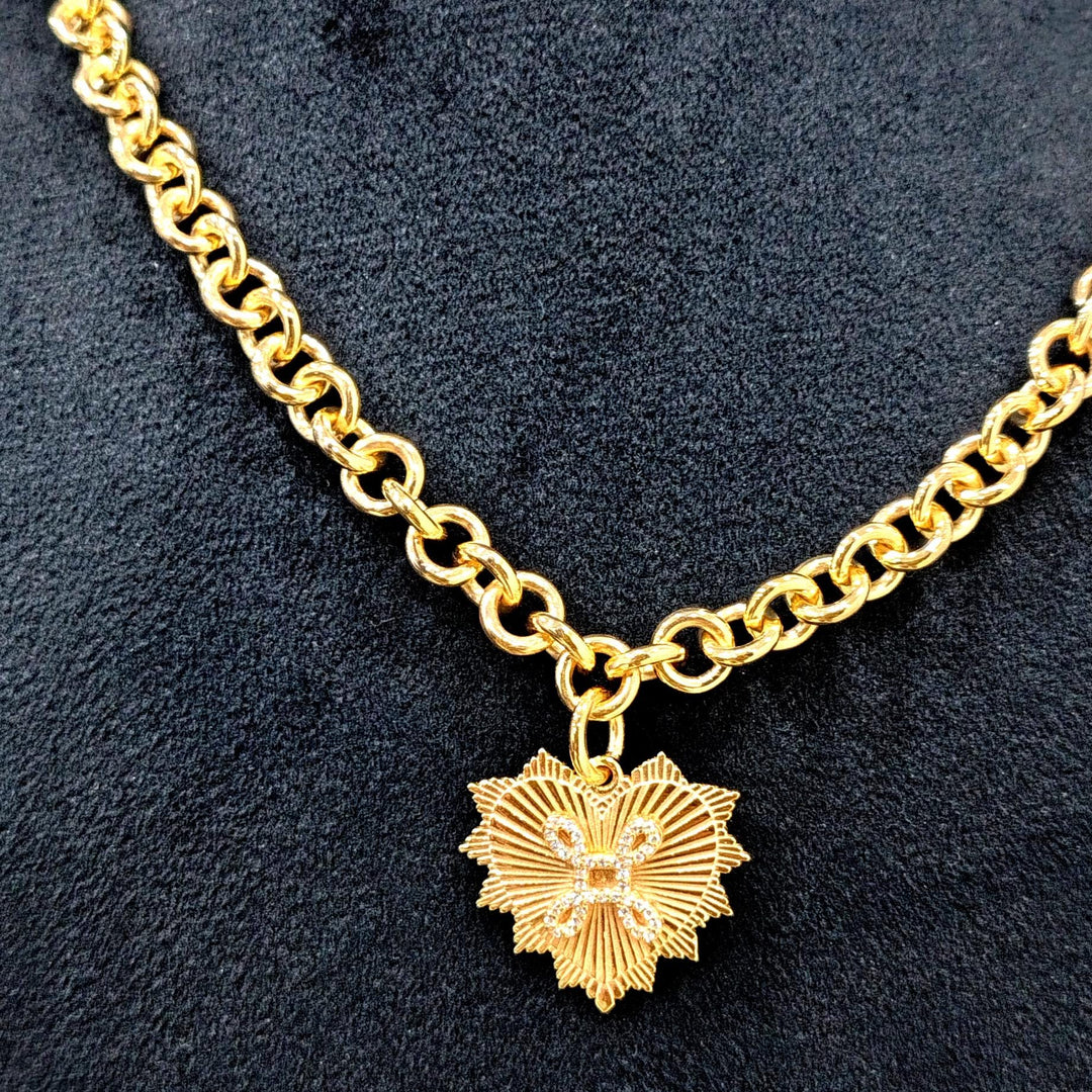 14K Gold True Love Knot Heart Token Medallion, Thick Belcher Chain, Chunky Round Chain Link Necklace, Layered Everyday Choker Necklace