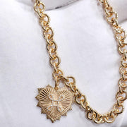 14K Gold True Love Knot Heart Token Medallion, Thick Belcher Chain, Chunky Round Chain Link Necklace, Layered Everyday Choker Necklace