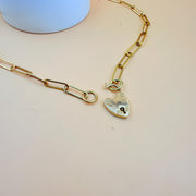 14K Gold Heart Lock Necklace Heart Padlock Necklace Paperclip Elongated Link Carabiner Lock Chain Heart Padlock Chain Rollo Chain Padlock