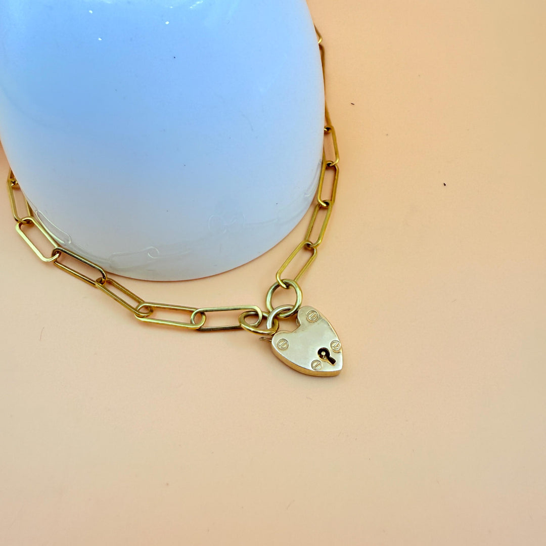 14K Gold Heart Lock Necklace Heart Padlock Necklace Paperclip Elongated Link Carabiner Lock Chain Heart Padlock Chain Rollo Chain Padlock