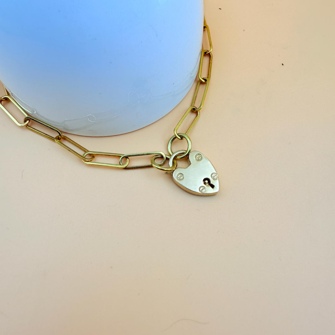 14K Gold Heart Lock Necklace Heart Padlock Necklace Paperclip Elongated Link Carabiner Lock Chain Heart Padlock Chain Rollo Chain Padlock