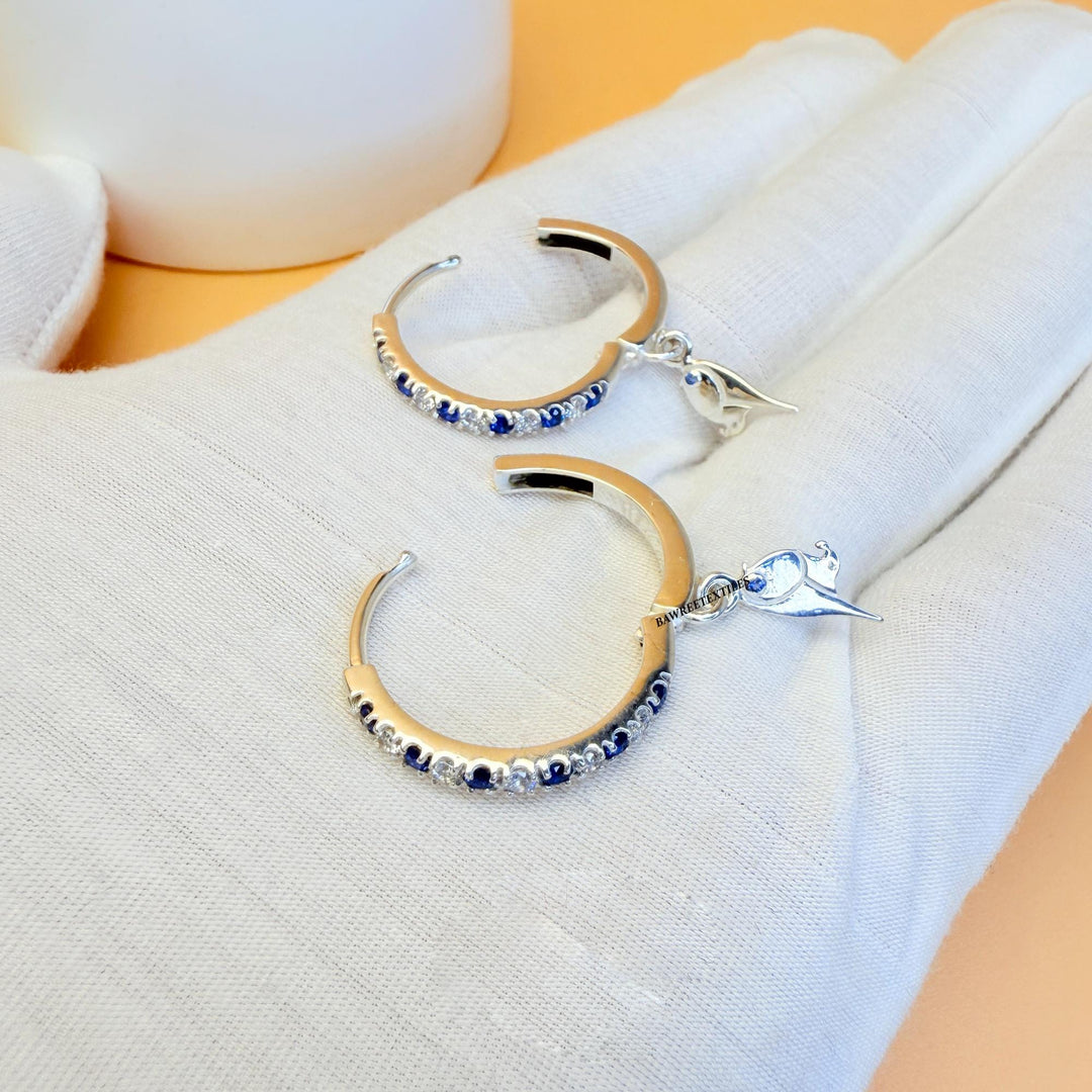 14K Gold Blue Topaz Earring Oval Navy Blue Earring Hoops Blue Charm Earring Dainty Blue Topaz Hoop Earring Unique  Hoop Earring Bird Earring