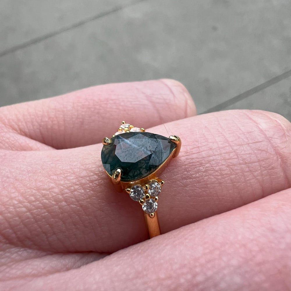 Moss Agate Gold Ring, Sterling silver & Gold Pear Moss Agate Vintage Ring, Promise Engagement Ring, Anniversary Birthday Gifts for Her