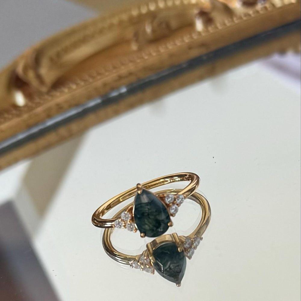 Moss Agate Gold Ring, Sterling silver & Gold Pear Moss Agate Vintage Ring, Promise Engagement Ring, Anniversary Birthday Gifts for Her