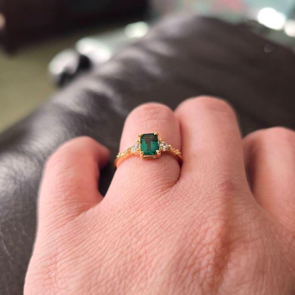 Genuine Emerald Gold Ring, 14K Gold Vermeil Lab Emerald Engagement Ring, Statement Ring, Birthday Gift for Her