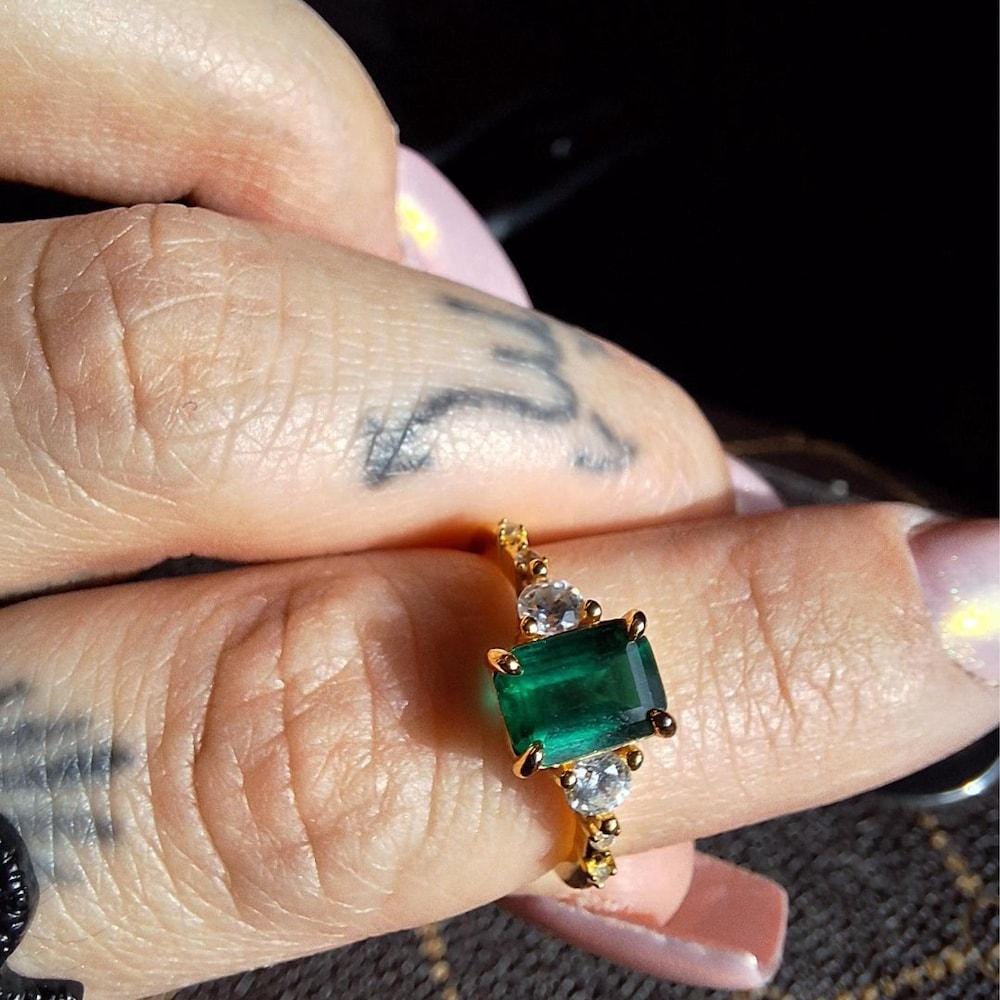 Genuine Emerald Gold Ring, 14K Gold Vermeil Lab Emerald Engagement Ring, Statement Ring, Birthday Gift for Her