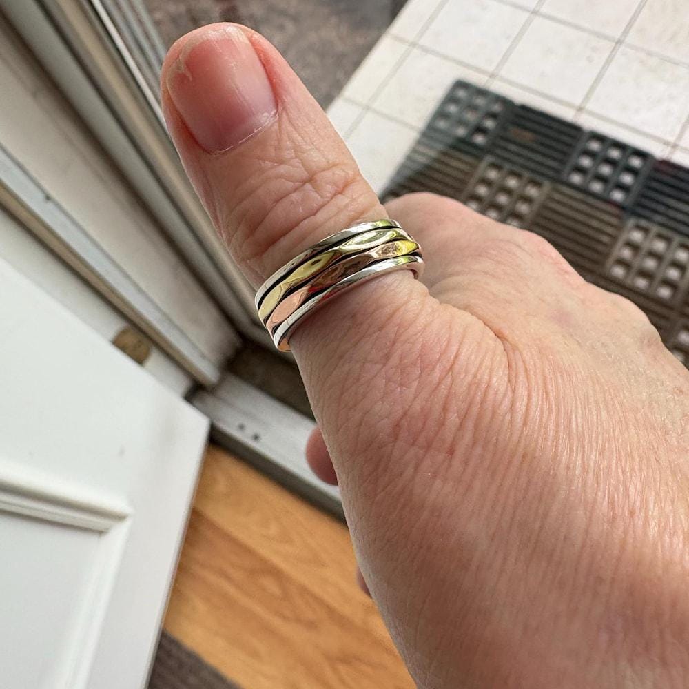 Boho 925 Sterling Silver Designer Spinner Ring For Handmade Three Tone For Her, Silver Ring